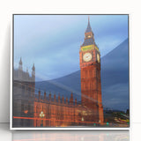 Mid-century modernist art of Big Ben with muted gray and blue tones on a white framed acrylic, ideal for nursery wall decor.