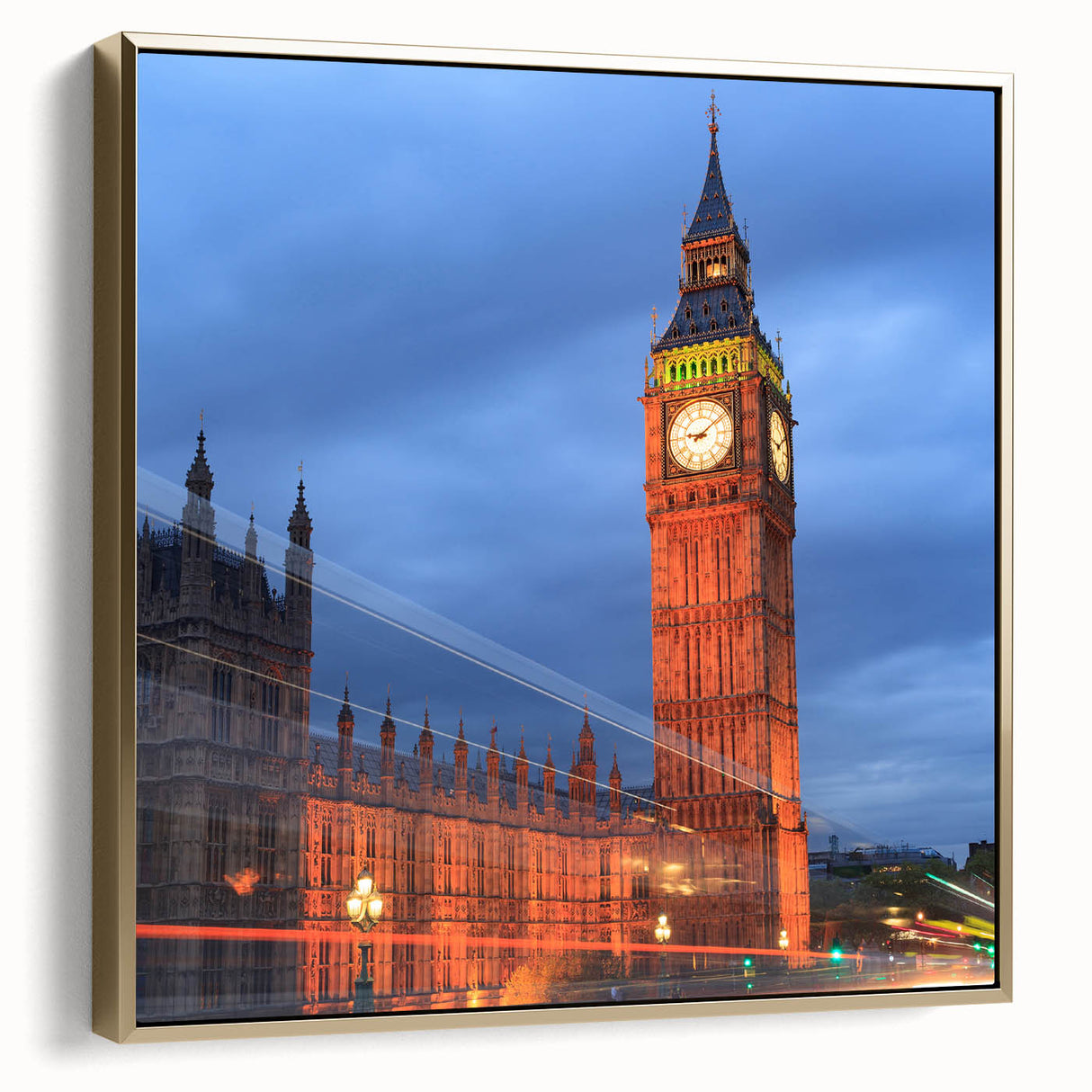 Framed canvas featuring a vintage poster art of Big Ben with a black and silver color palette, ideal for bedroom wall decor.