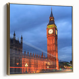 Framed canvas featuring a vintage poster art of Big Ben with a black and silver color palette, ideal for bedroom wall decor.