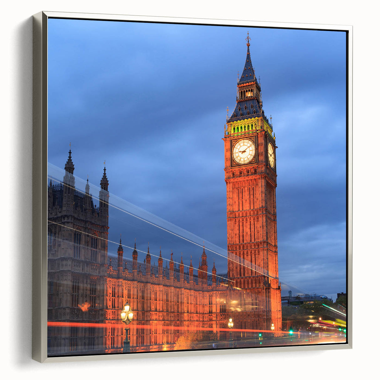 Framed canvas depicting Big Ben in muted black and gray with colorful accents, ideal for living room decor.