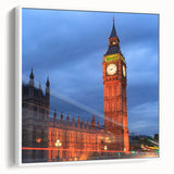 Vintage poster art of Big Ben with colorful accents on a white framed canvas, ideal for living room decor.