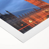 Art deco poster of Big Ben with muted earth tones on rolled canvas, suitable for dining room wall art.