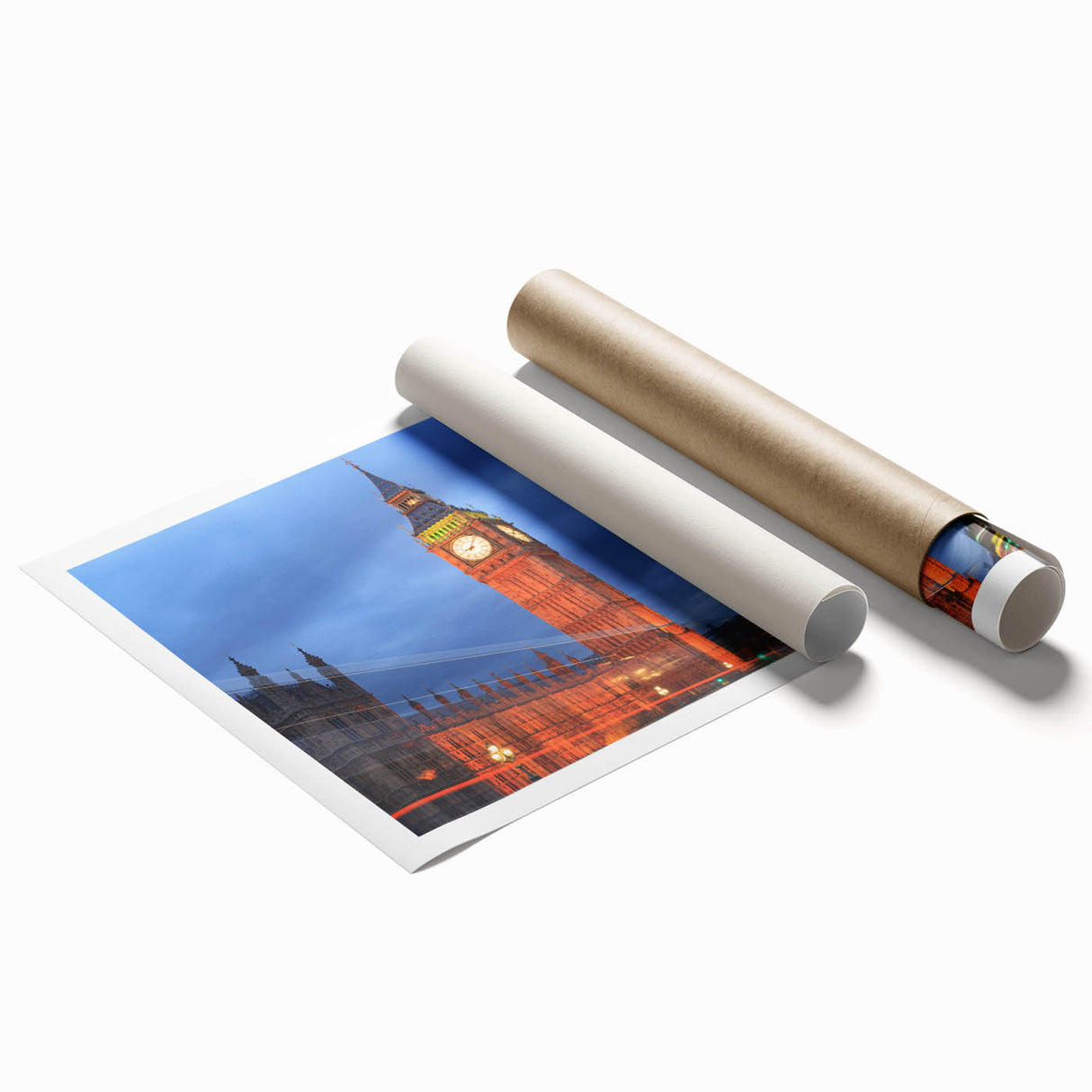 Extra large rolled print of Big Ben with floral accents in soft pastel shades, suitable for classy bathroom wall art.