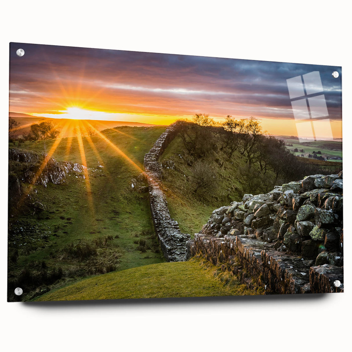 Acrylic print of a serene Cumbria landscape in soft green and blue tones, suitable for bedroom or dining room decor.