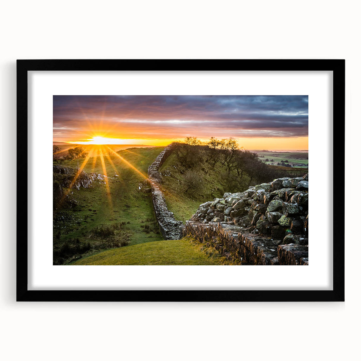 Extra large abstract art print of a colorful, textured European scenery on a black framed canvas.