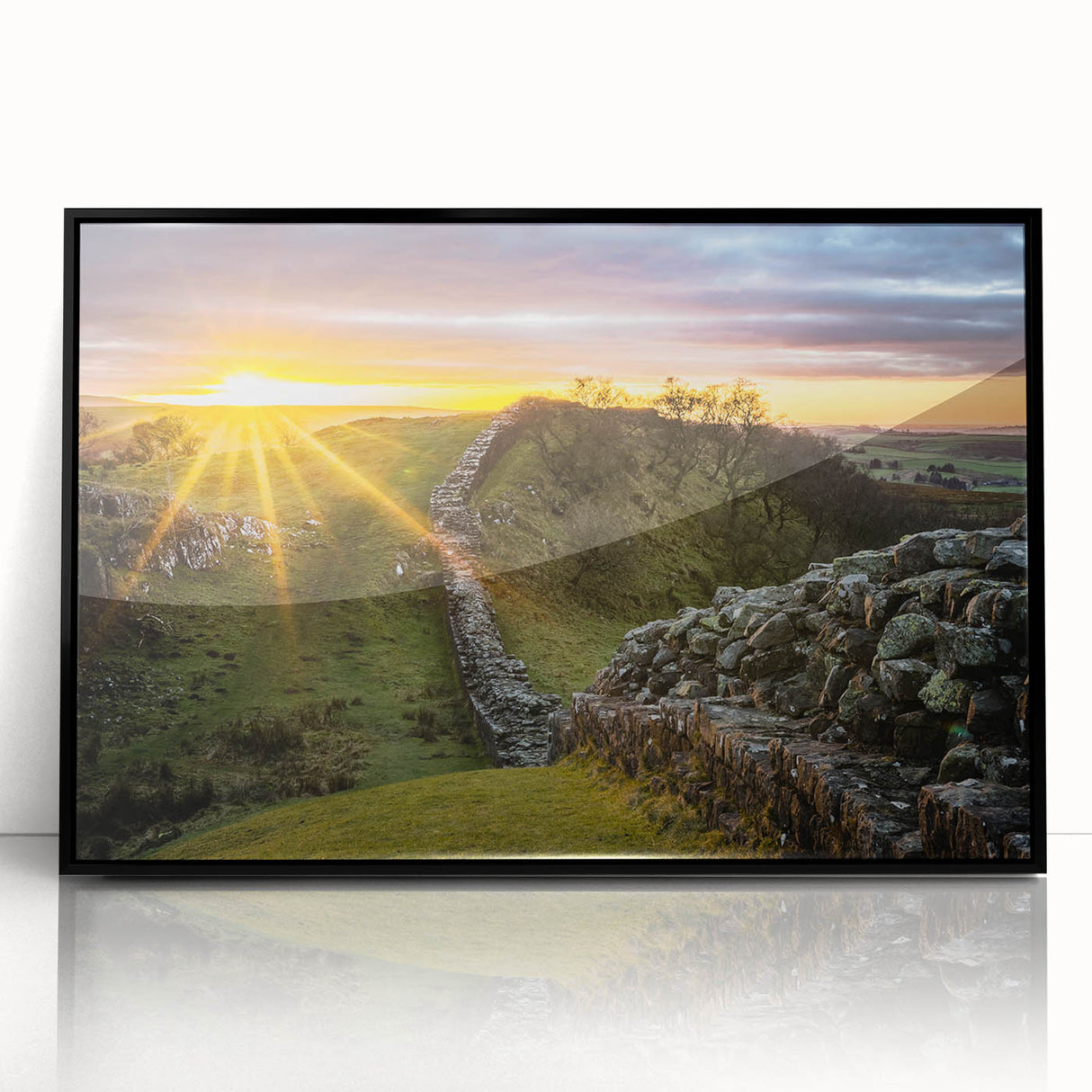 Large abstract wall art depicting a serene Cumbrian landscape in muted earth tones on a framed acrylic print.