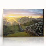 Art deco poster of Cumbria, England landscape in muted gold and green tones on framed acrylic.