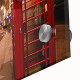 Large abstract depiction of the London skyline in muted gray and blue tones on acrylic glass, ideal for dining room art.