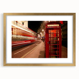 Abstract art print of London skyline in muted gold and blue tones on a framed canvas, suitable for dining room decor.