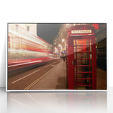 Mid-century modernist art of London skyline in muted gray and blue tones on a framed acrylic, ideal for nursery wall decor.