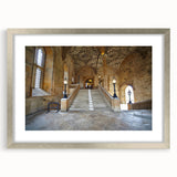 Extra large abstract art print of Oxford scenery in silver frame, featuring textured gray and blue tones.