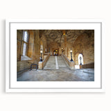 Textured art of Oxford scenery in abstract style, with muted earth tones on a framed white mat, ideal for bedroom art.