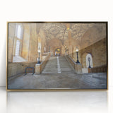 Acrylic print of Oxford cityscape in art deco style with gold framing, featuring earthy and blue tones.