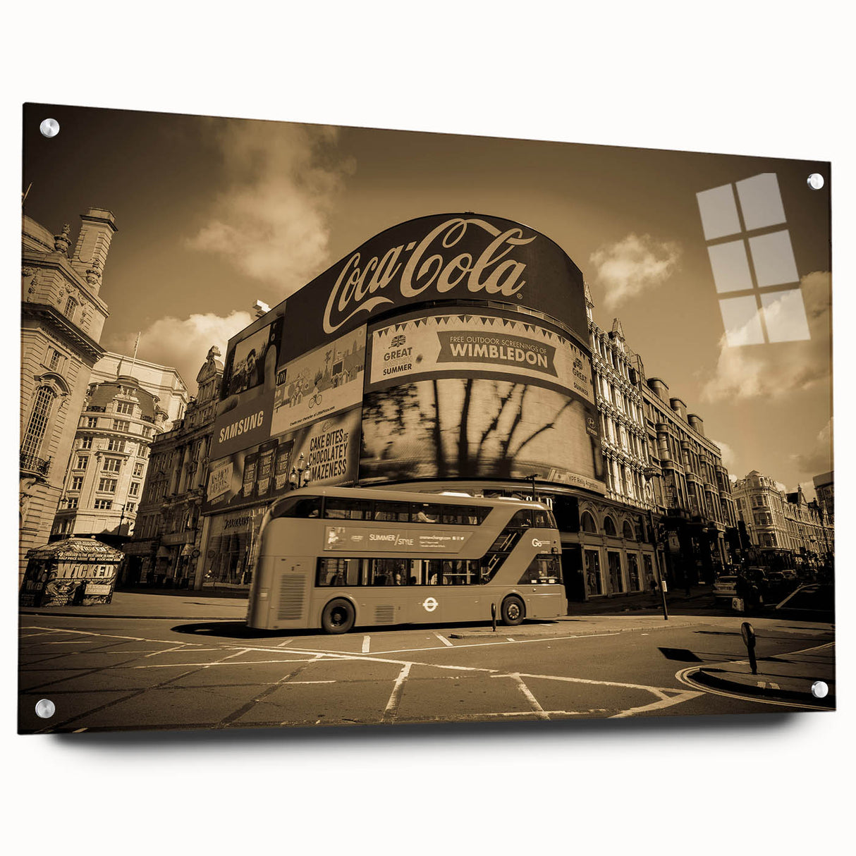 Acrylic print of Piccadilly, England in muted earth tones, ideal for dining room wall art.