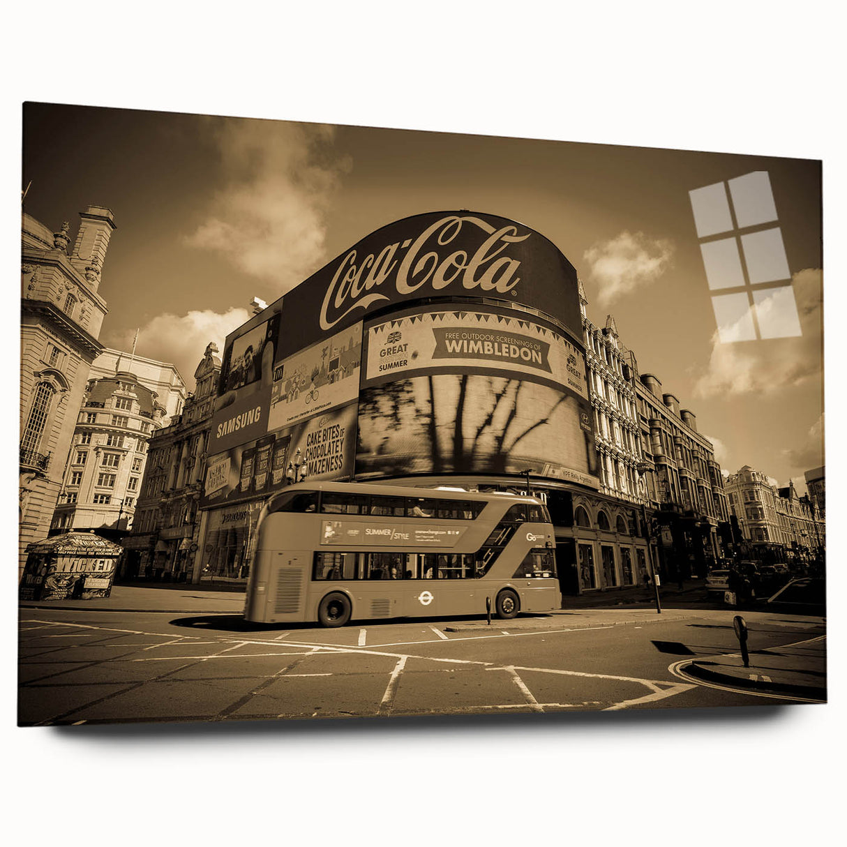 Large abstract depiction of Piccadilly, England in muted blues and grays on acrylic glass.
