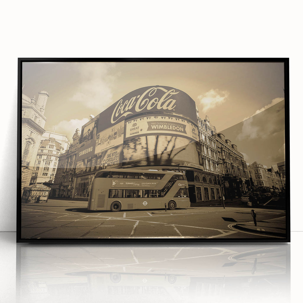 Large abstract wall art depicting Piccadilly, England in mid-century modernist style, framed in black acrylic.