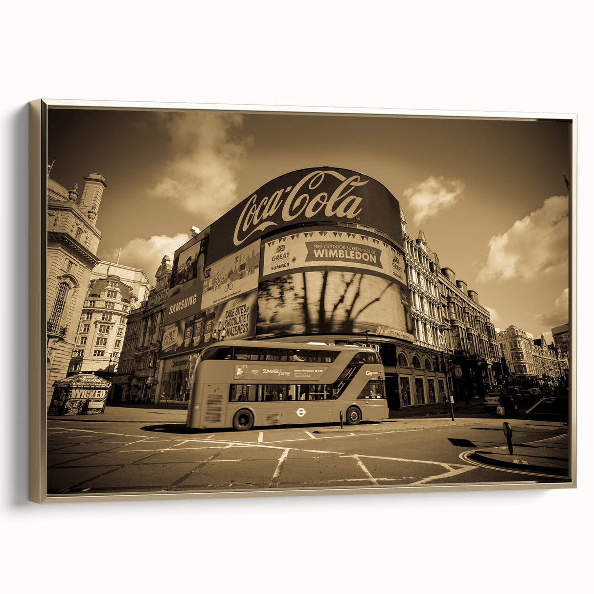 Framed canvas of a vintage-style landscape painting featuring Piccadilly, England in muted gold and black tones.