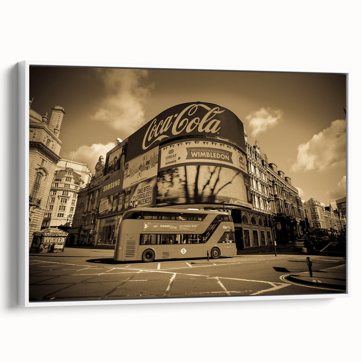 Vintage poster art of Piccadilly, England, in vibrant colors on a large framed canvas, ideal for living room decor.