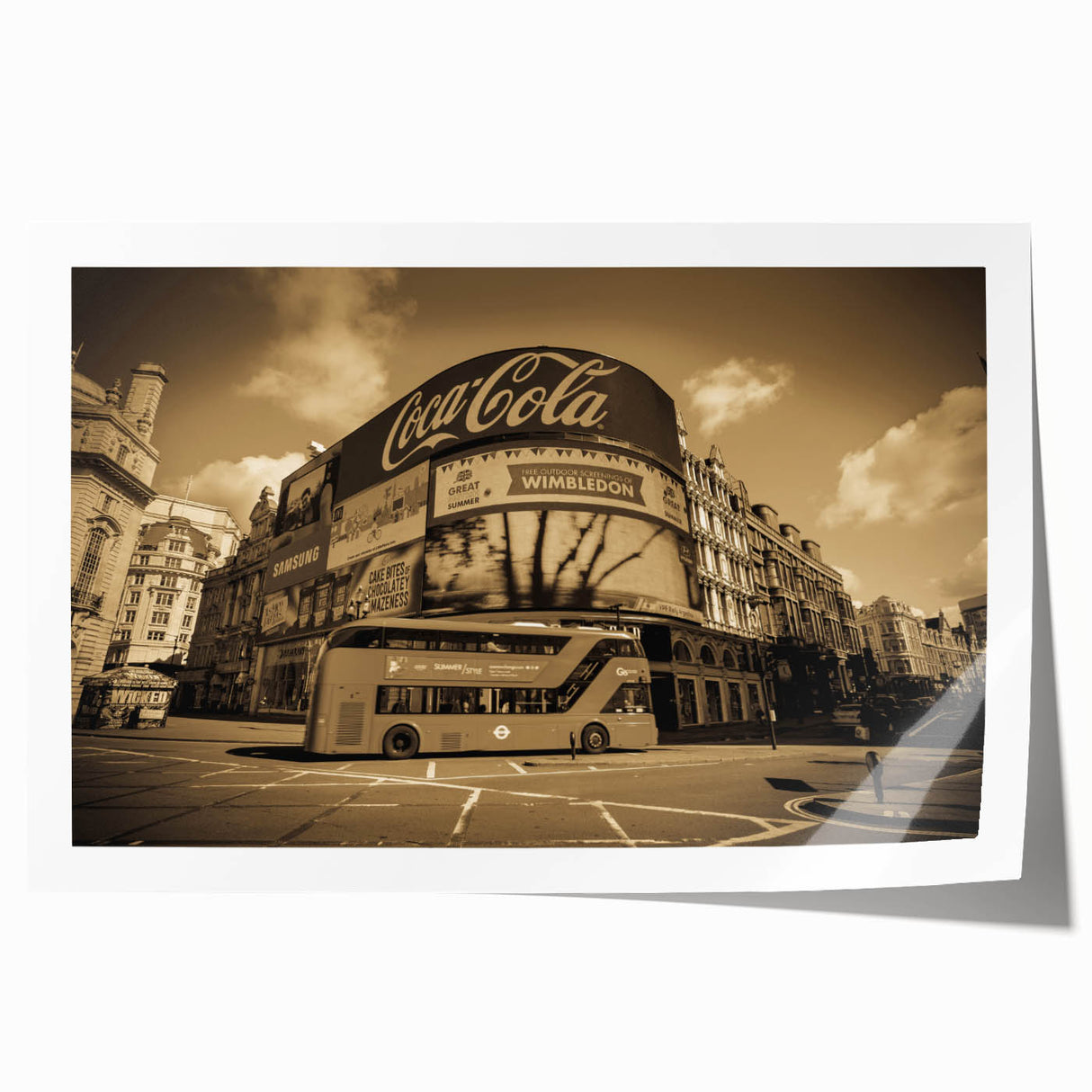 Piccadilly Circus scene in muted watercolor tones on rolled print, suitable for dining room or bathroom wall art.
