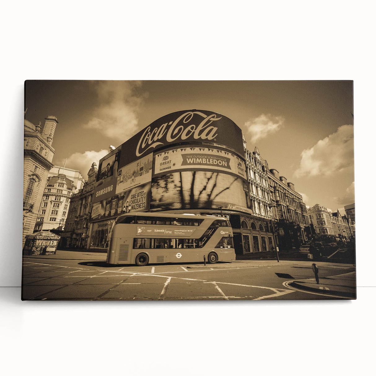 Black and white photo of Piccadilly Circus on stretched canvas, ideal for kitchen wall art.