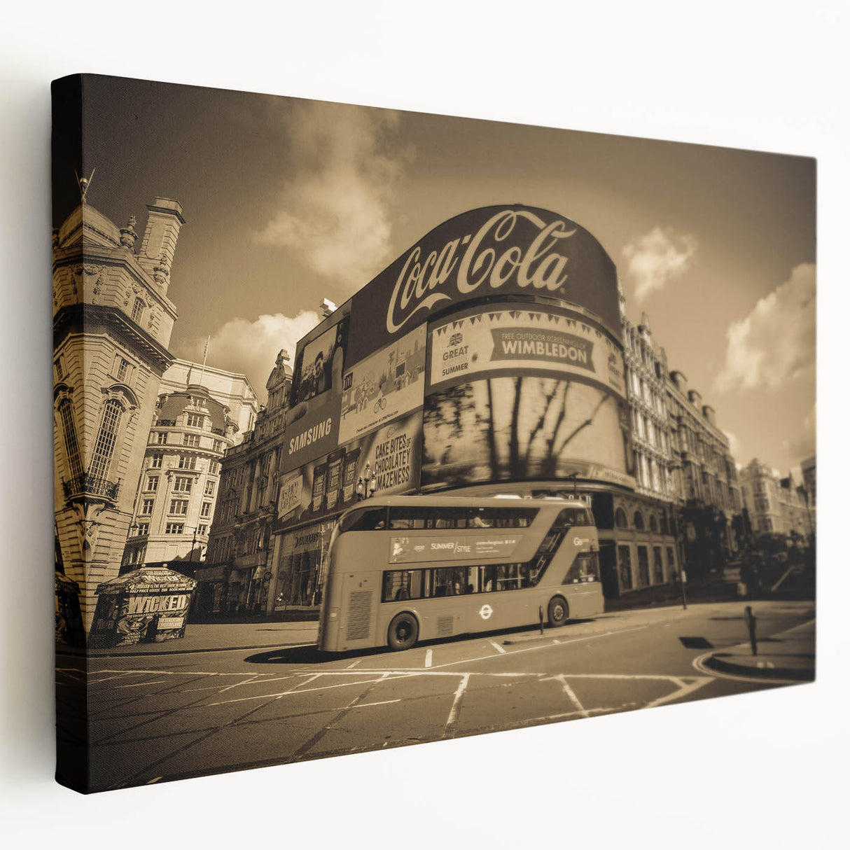 Piccadilly Circus scene in muted colors on a large stretched canvas, suitable for kitchen wall art.