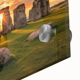 Mid-century modernist depiction of Stonehenge in muted earth tones on acrylic glass, ideal for dining room art.