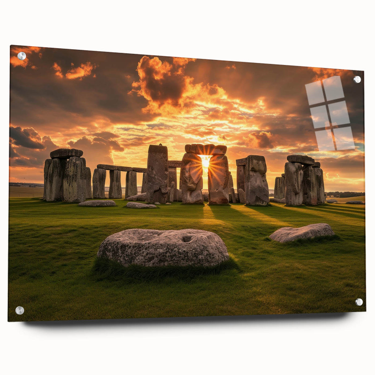 Acrylic print of Stonehenge in muted earth tones, ideal for bedroom or dining room decor.