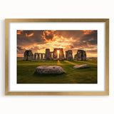 Abstract art print of Stonehenge with muted earth tones on a gold-framed canvas, suitable for bedroom or dining room decor.