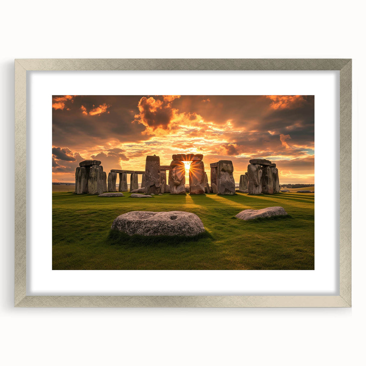 Extra large framed print of abstract Stonehenge in muted earth tones, ideal for living room decor.
