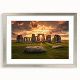 Extra large framed print of abstract Stonehenge in muted earth tones, ideal for living room decor.