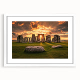 Textured art print of Stonehenge in muted earth tones on a framed white mat, suitable for bedroom decor.
