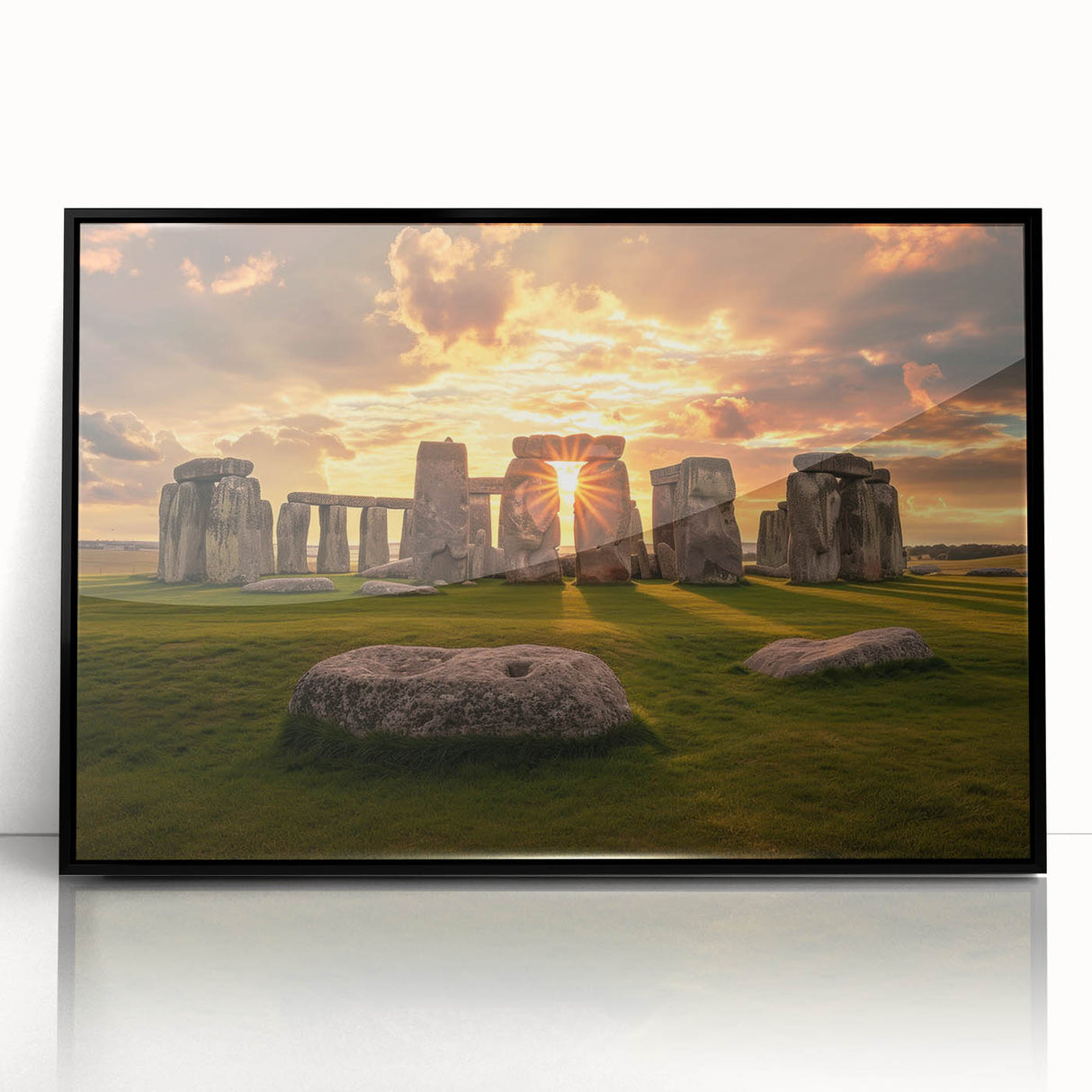 Large abstract wall art of Stonehenge in muted gray tones, acrylic print in a black frame, suited for modern art wall decor.