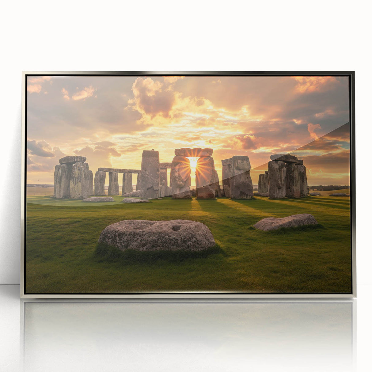 Mid-century modernist style depiction of Stonehenge in muted earth tones on a silver-framed acrylic print.