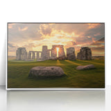 Mid-century modernist art depicting Stonehenge in muted earth tones on a white framed acrylic.