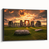 Black and white framed canvas of Stonehenge in a vintage poster style, ideal for bedroom wall art.