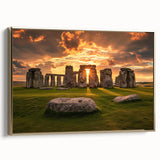 Framed canvas wall art featuring a vintage-style painting of Stonehenge in muted earth tones, ideal for bedroom decor.