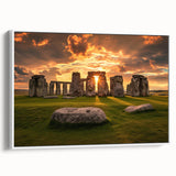 Vintage poster art of Stonehenge with muted earth tones on a framed canvas, ideal for living room decor.