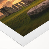Art deco poster of Stonehenge in muted earth tones on rolled canvas, suitable for dining room decor.