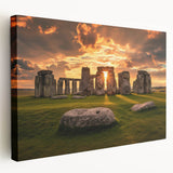 Side view of a stretched canvas featuring a detailed depiction of Stonehenge in muted earth tones.