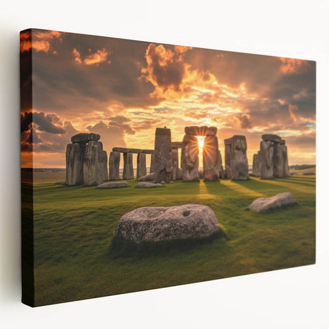 Side view of a stretched canvas featuring a detailed depiction of Stonehenge in muted earth tones.