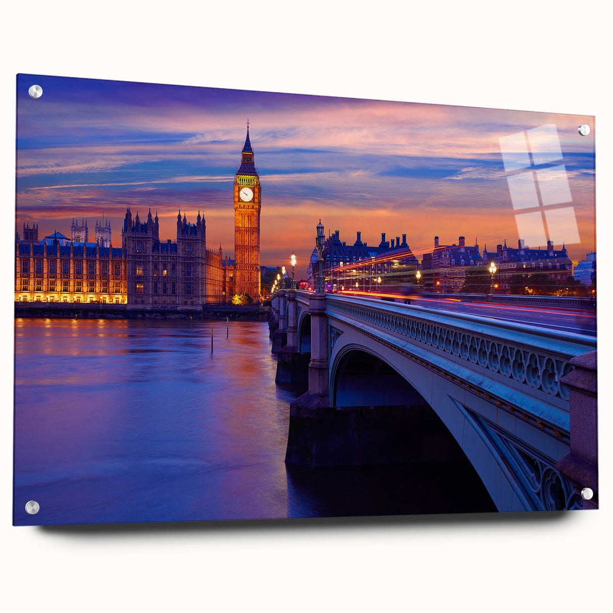 Acrylic print of the Thames River with soft blue and gray tones, ideal for dining room decor.
