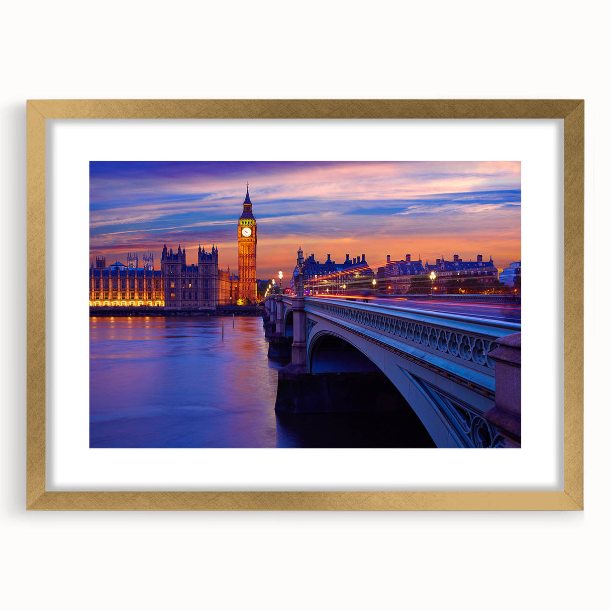 Abstract art print of the Thames River, featuring muted blues and grays, in a gold frame with mat.
