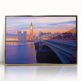 Art deco poster of Thames River with muted gold and blue tones on framed acrylic, ideal for modern art wall decor.