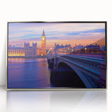 Large art print of the Thames River in England, in muted gray and blue tones on a framed acrylic.