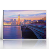 Mid-century modernist art depicting the Thames River in muted gray and blue tones on a framed acrylic.