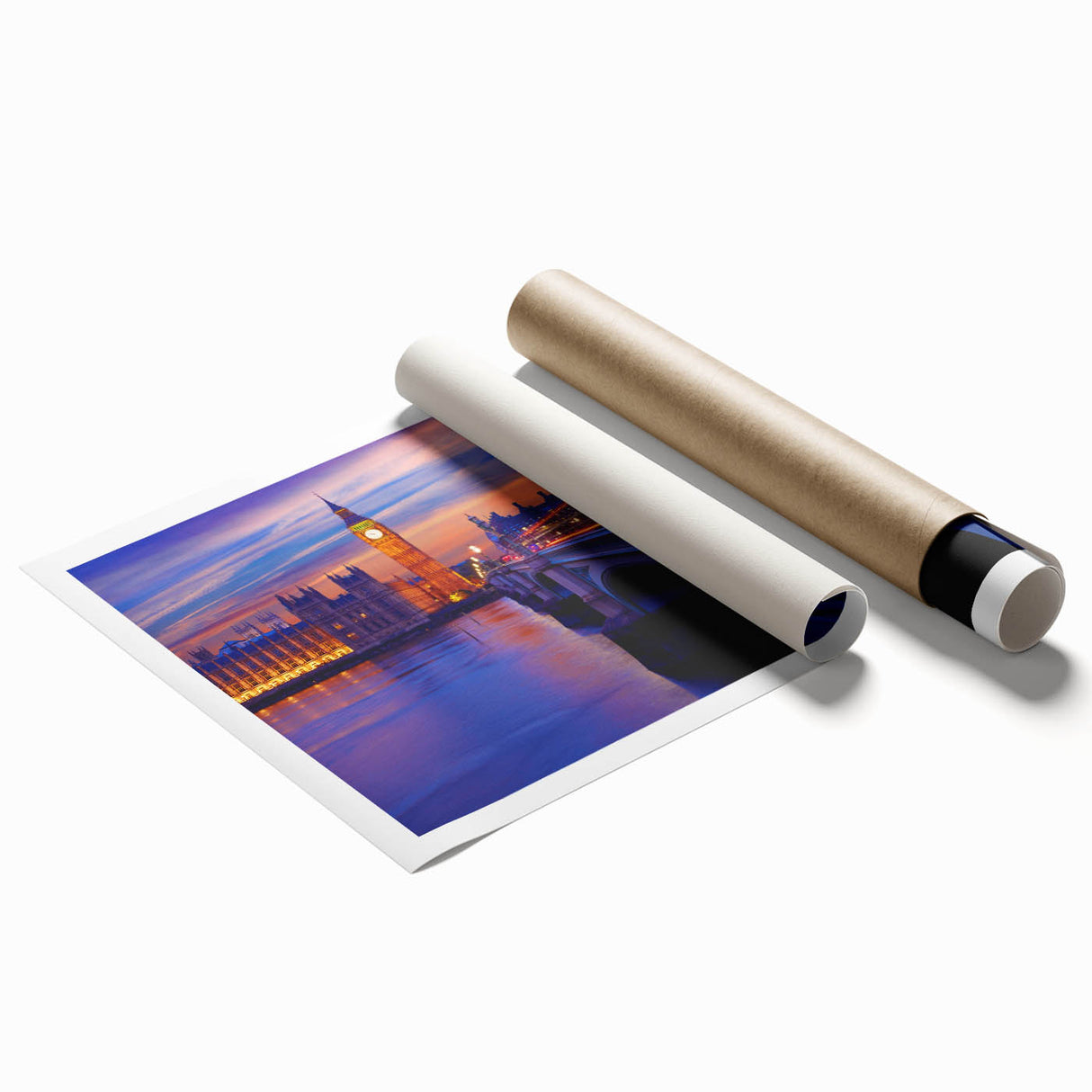 Extra large rolled print of the Thames River with soft floral accents in pastel shades.