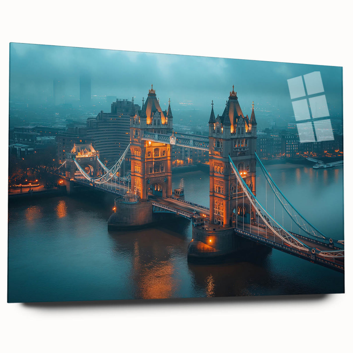 Acrylic print of the Tower Bridge in muted blue and gray tones, ideal for bedroom or dining room art.