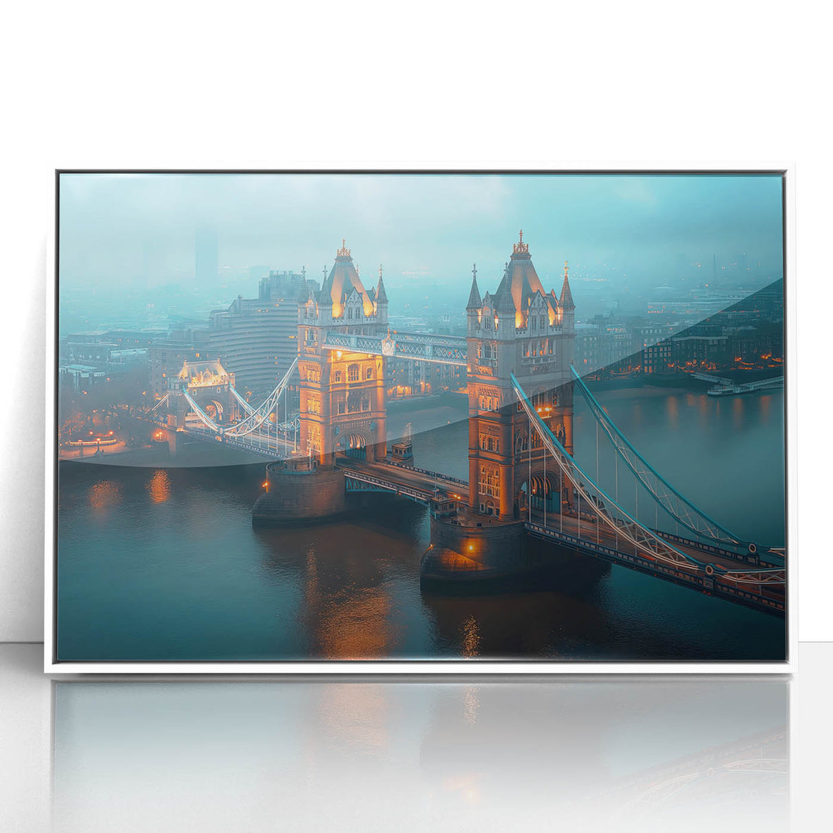 Mid-century modernist art of Tower Bridge in muted gray tones on framed acrylic, ideal for modern art wall decor.