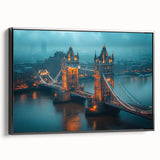 Black and white framed canvas of Tower Bridge, London in a vintage poster style, ideal for bedroom wall decor.