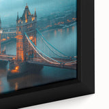 Black wall art featuring a textured depiction of Tower Bridge, with vibrant color accents, on a large framed canvas.